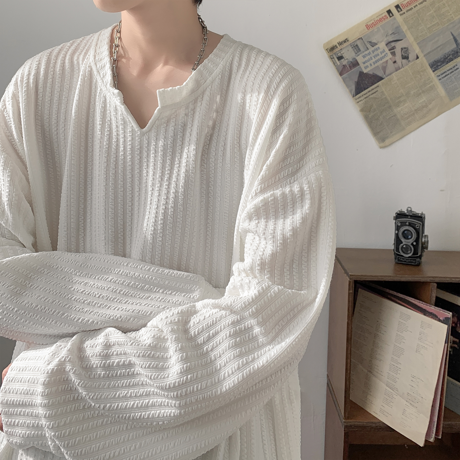 Streetwear Brand Popular - Loose Long Sleeve V-Neck T-Shirt Men